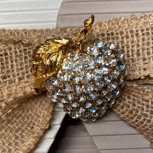 Vintage Gold Apple Brooch Encrusted With Rhinestones Sparkling Fruit Pin Jewelry